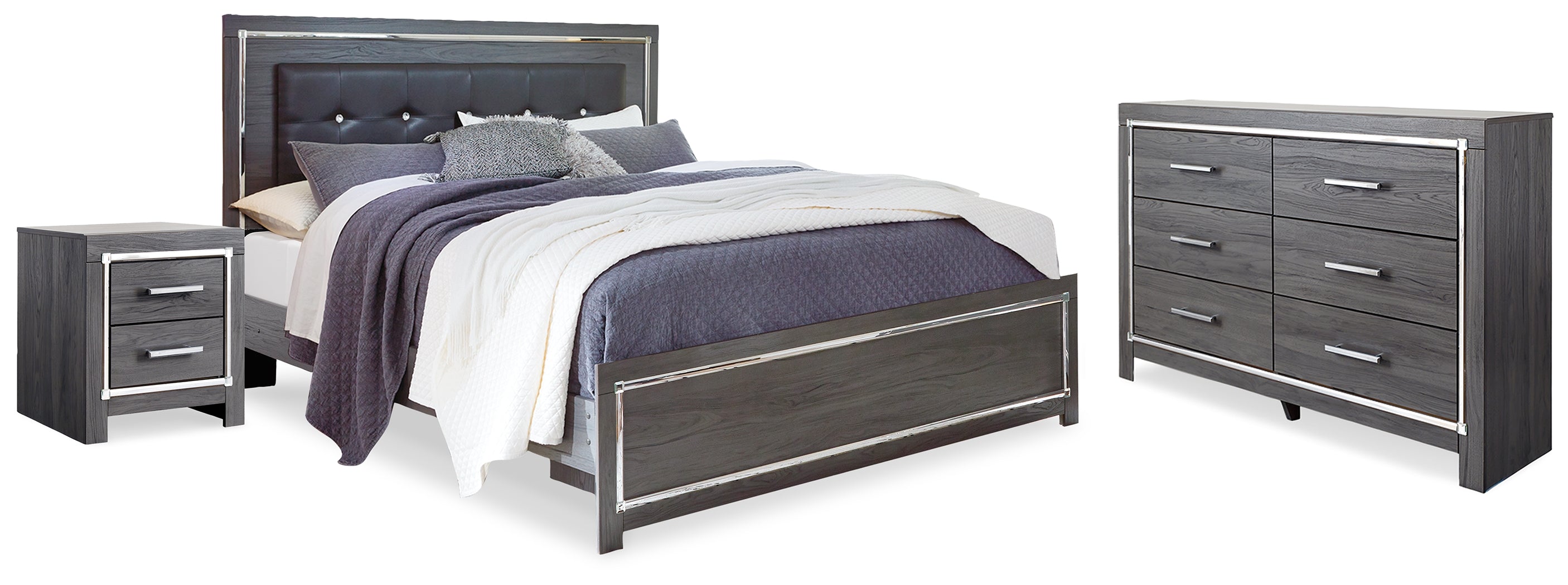 Best Deals Furniture - Ashley Furniture - Lodanna King Upholstered Panel Bed, Dresser and Nightstand - King Upholstered Panel Bed, Dresser and Nightstand / Gray - B214B27