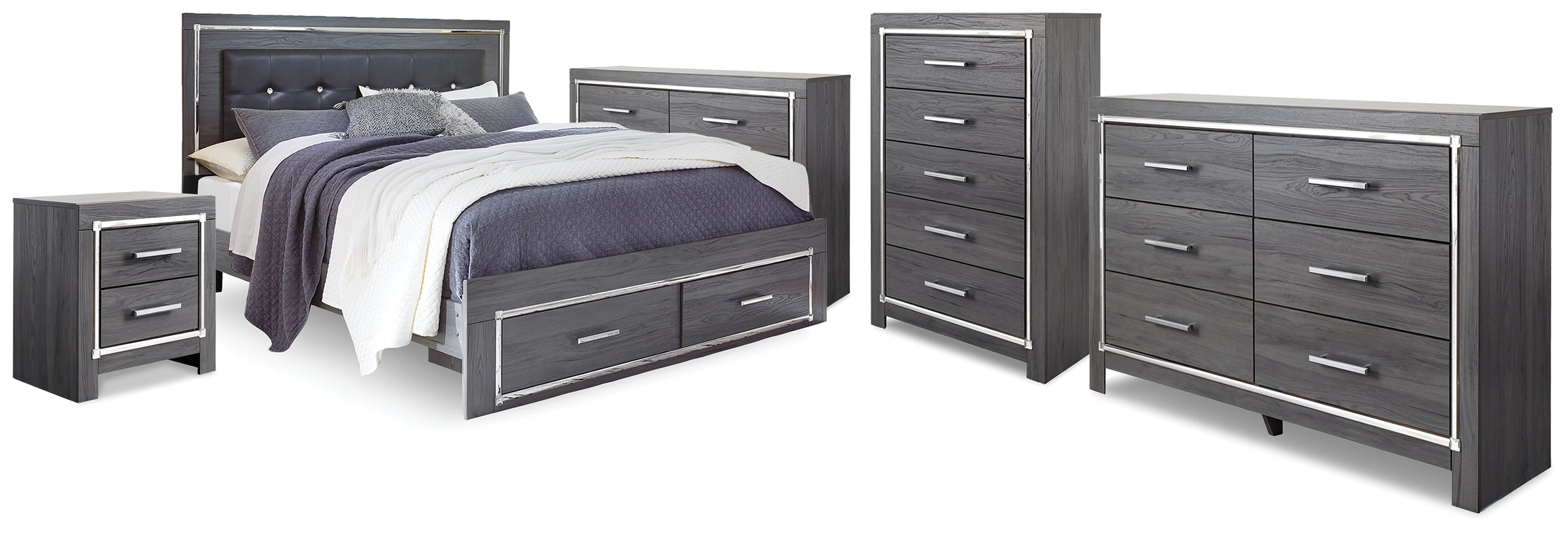 Best Deals Furniture - Ashley Furniture - Lodanna King Storage Bed, 2 Dressers, Cheat and Nightstand - King Storage Bed, 2 Dressers, Cheat and Nightstand / Gray - B214B50
