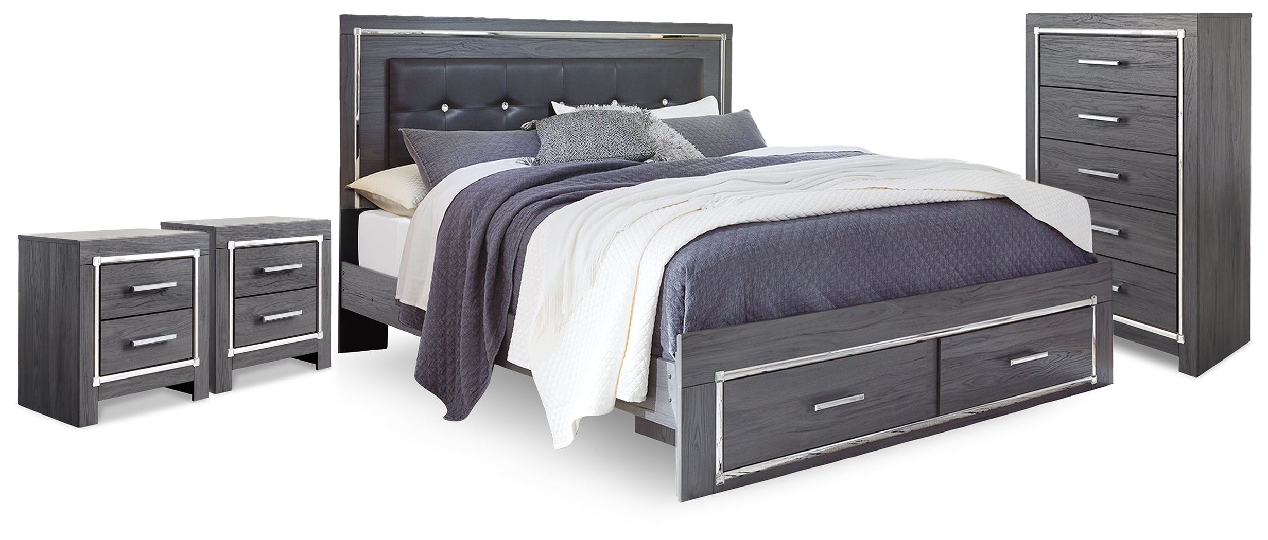 Best Deals Furniture - Ashley Furniture - Lodanna King Panel Storage Bed, Chest and 2 Nightstands - King Panel Storage Bed, Chest and 2 Nightstands - B214B60