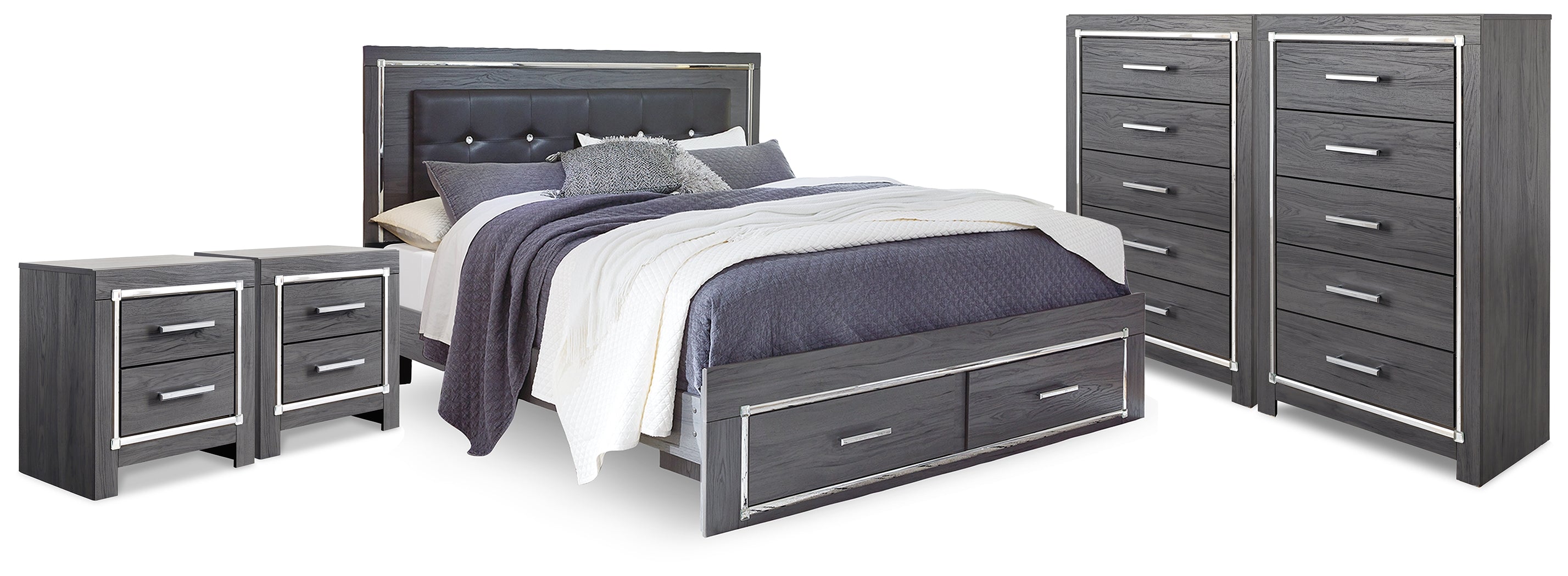 Best Deals Furniture - Ashley Furniture - Lodanna King Storage Bed, 2 Chests and 2 Nightstands - King Storage Bed, 2 Chests and 2 Nightstands / Gray - B214B58