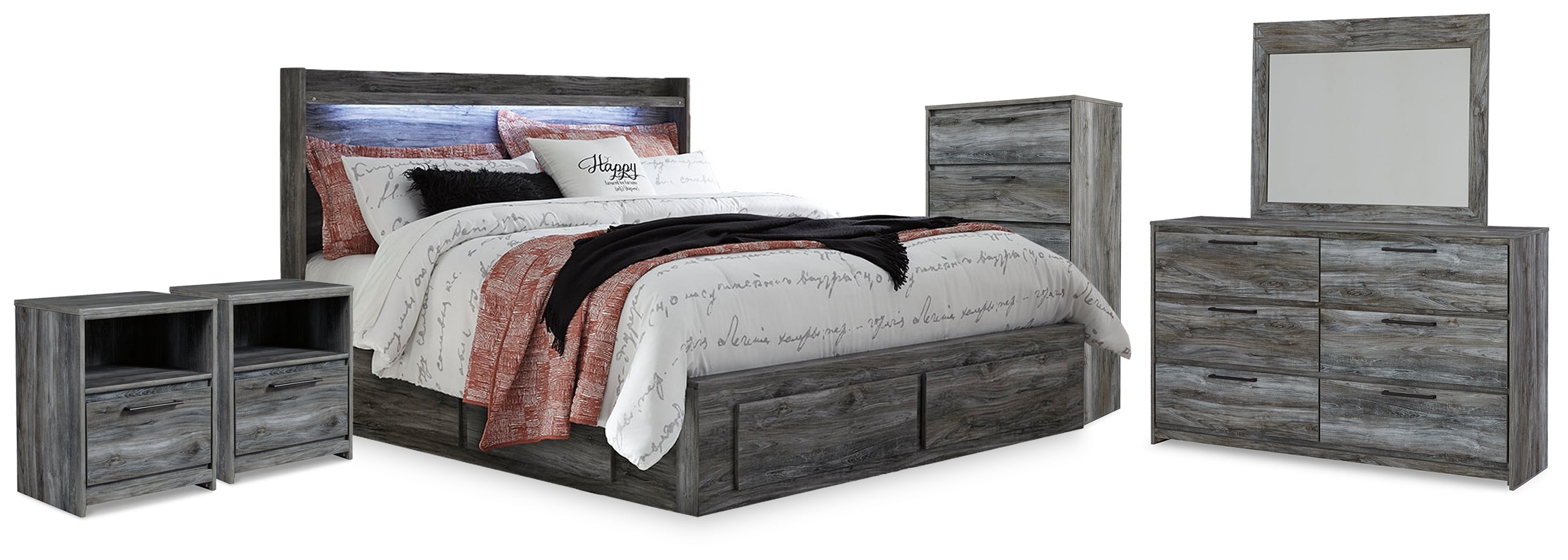 Best Deals Furniture - Ashley Furniture - Baystorm King Storage Bed, Dresser, Mirror, Chest and 2 Nightstands - King Storage Bed, Dresser, Mirror, Chest and 2 Nightstands / Gray - B221B86