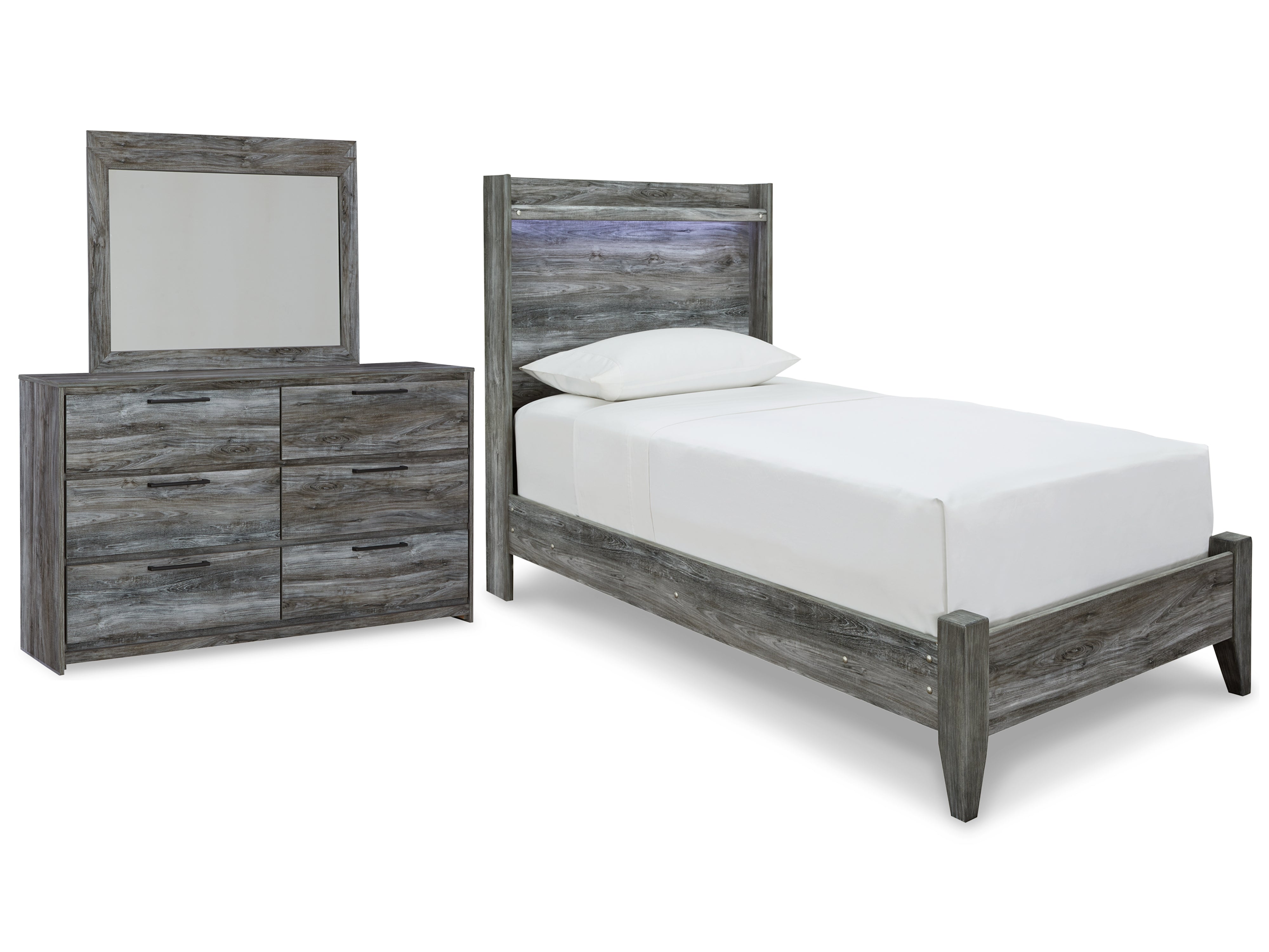 Best Deals Furniture - Ashley Furniture - Baystorm Twin Panel Bed - Twin Panel Bed, Dresser and Mirror / Gray - B221B68