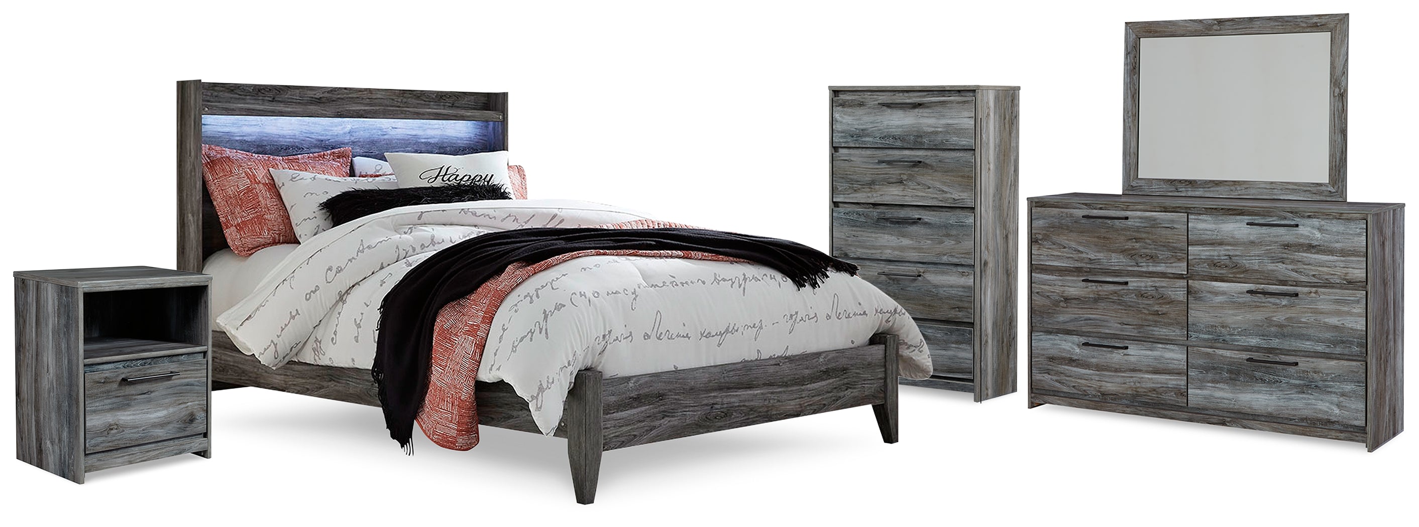 Best Deals Furniture - Ashley Furniture - Baystorm Queen Panel Bed - Queen Panel Bed, Dresser, Mirror, Chest and Nightstand / Gray - B221B56