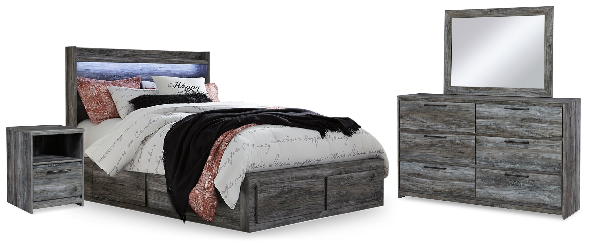 Best Deals Furniture - Ashley Furniture - Baystorm Queen Panel Bed with 2 Side Storage, Dresser, Mirror, and Nightstand - Queen Panel Bed with 2 Side Storage, Dresser, Mirror, and Nightstand / Gray - B221B43