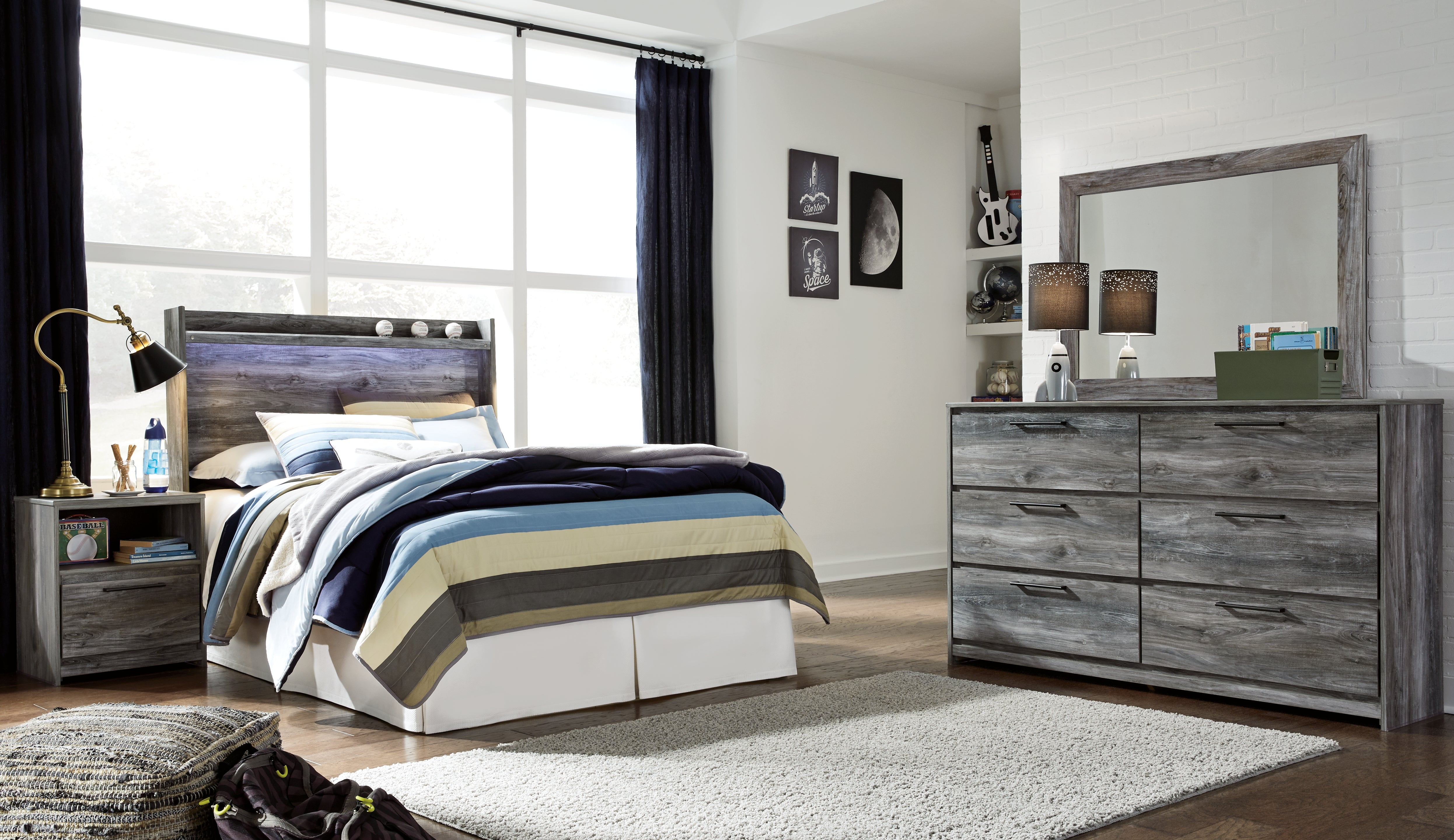 Best Deals Furniture - Ashley Furniture - Baystorm Full Panel Bed Headboard, Dresser, Mirror and Nightstand - Full Panel Bed Headboard, Dresser, Mirror and Nightstand / Gray - B221B39