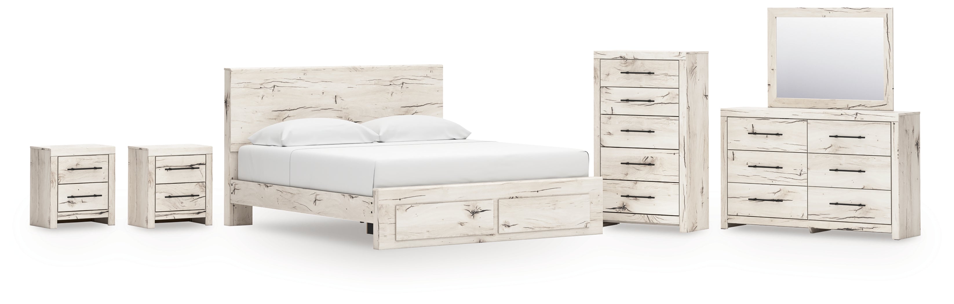 Best Deals Furniture - Ashley Furniture - Lawroy King Panel Storage Bed - King Panel Storage Bed, Dresser, Mirror, Chest and 2 Nightstands / Light Natural - B2310B45