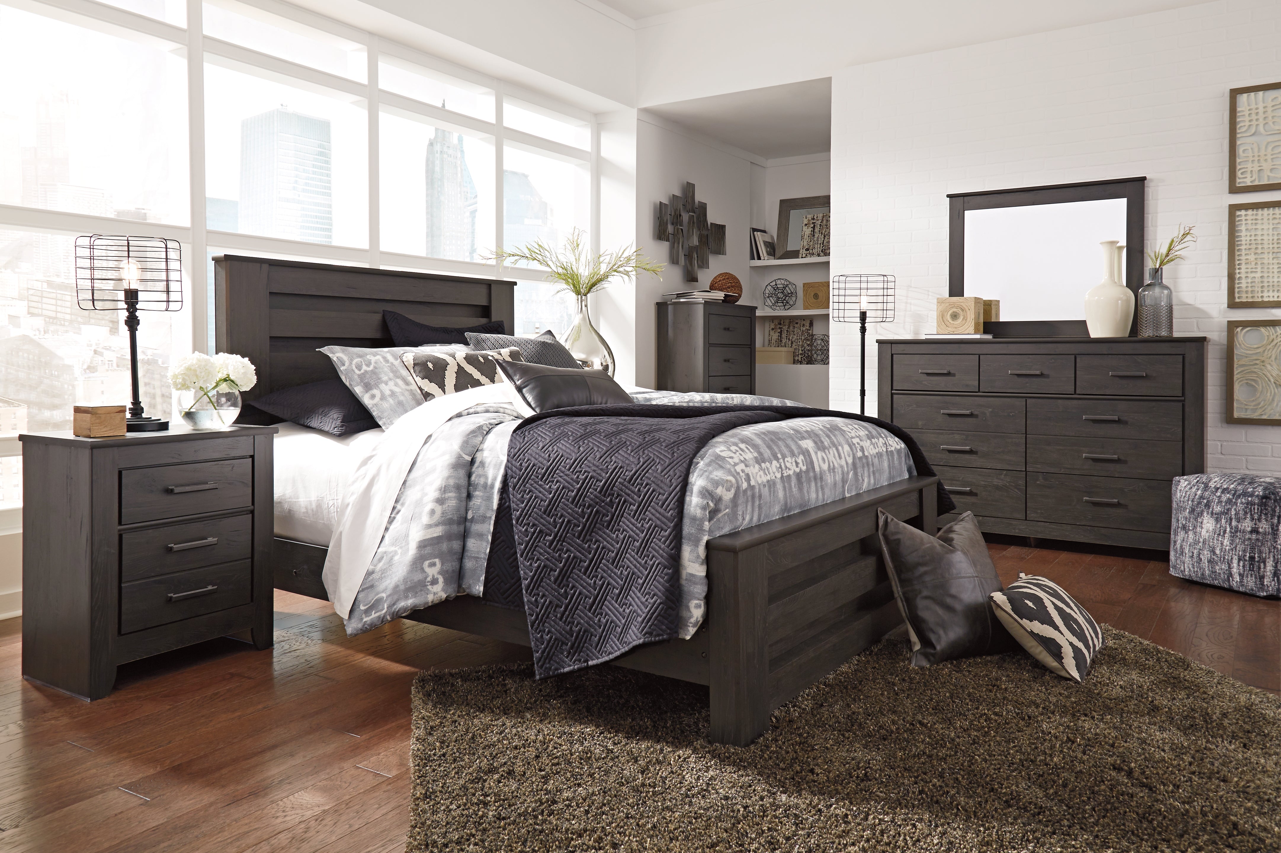 Best Deals Furniture - Ashley Furniture - Brinxton Queen Panel Bed - Queen Panel Bed, Dresser, Mirror, Chest and Nightstand / Charcoal - B249B21