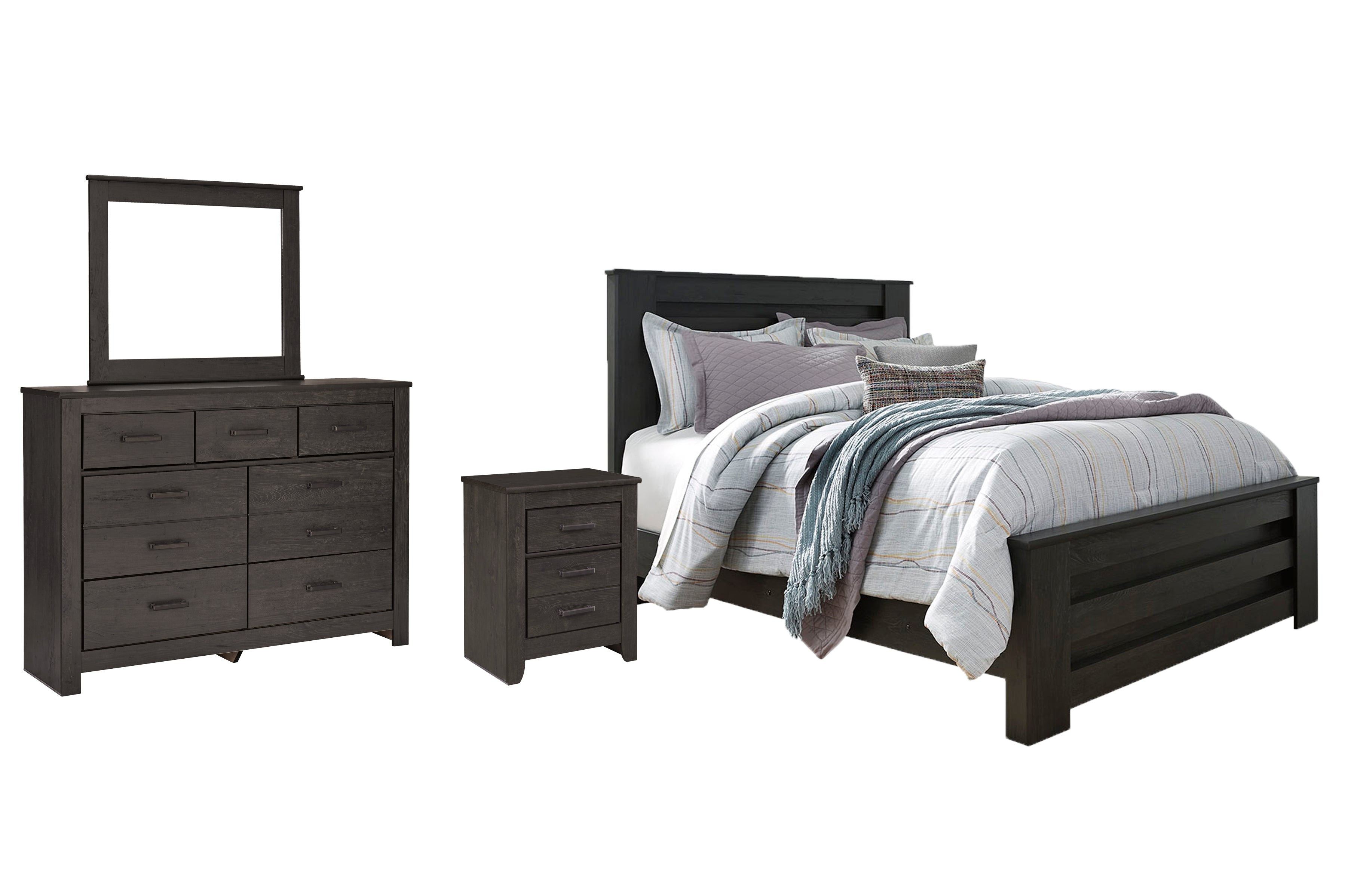 Best Deals Furniture - Ashley Furniture - Brinxton Queen Panel Bed - Queen Panel Bed, Dresser, Mirror and Nightstand / Charcoal - B249B7