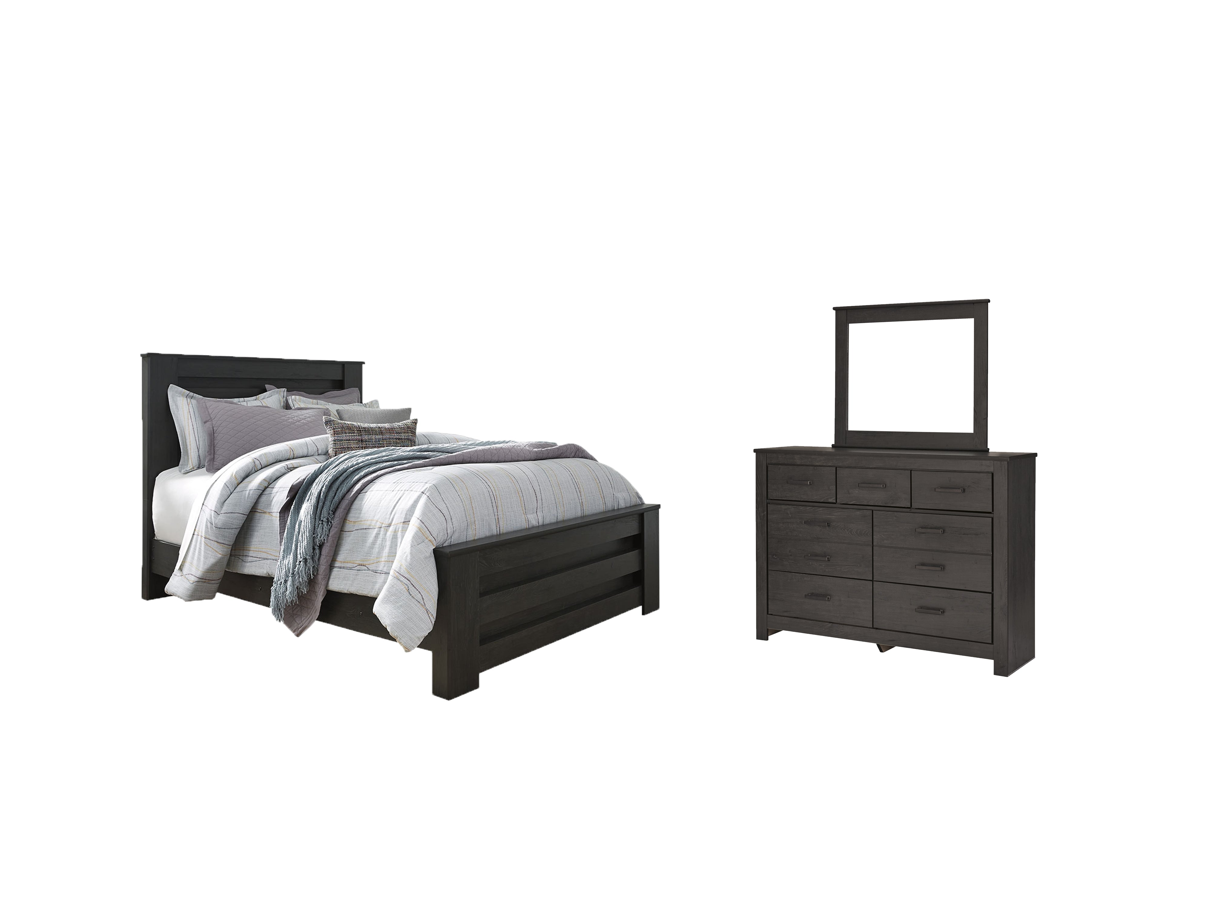 Best Deals Furniture - Ashley Furniture - Brinxton Queen Panel Bed - Queen Panel Bed, Dresser and Mirror / Charcoal - B249B3