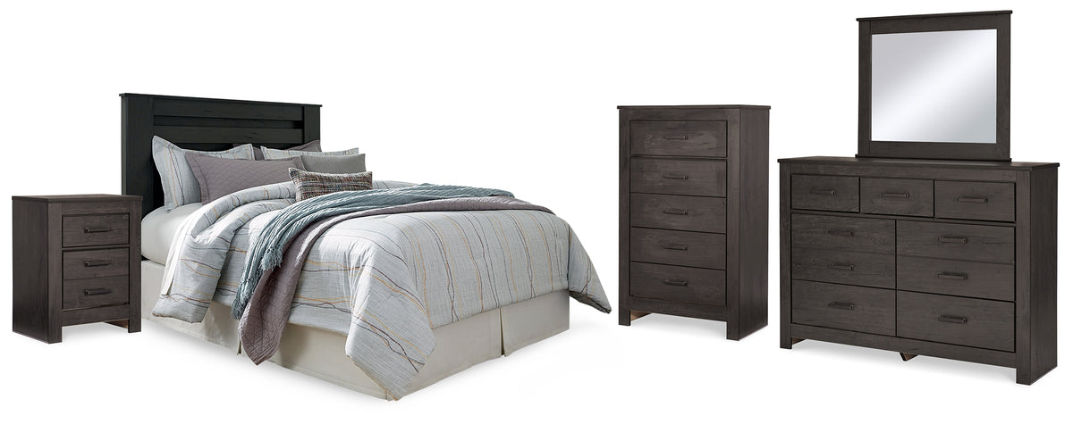 Best Deals Furniture - Ashley Furniture - Brinxton King Panel Headboard, Dresser, Mirror, Chest and 2 Nightstands - King Panel Headboard, Dresser, Mirror, Chest and 2 Nightstands / Charcoal - B249B15