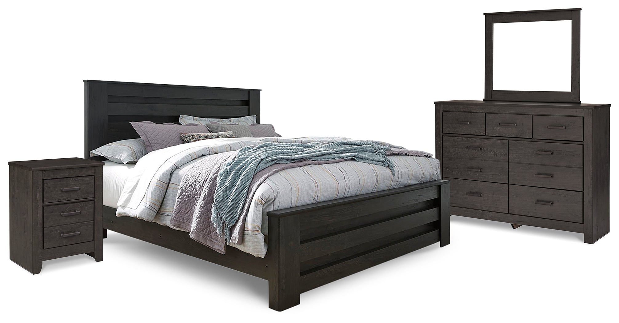Best Deals Furniture - Ashley Furniture - Brinxton King Panel Bed, Dresser, Mirror and Nightstand - King Panel Bed, Dresser, Mirror and Nightstand - B249B8