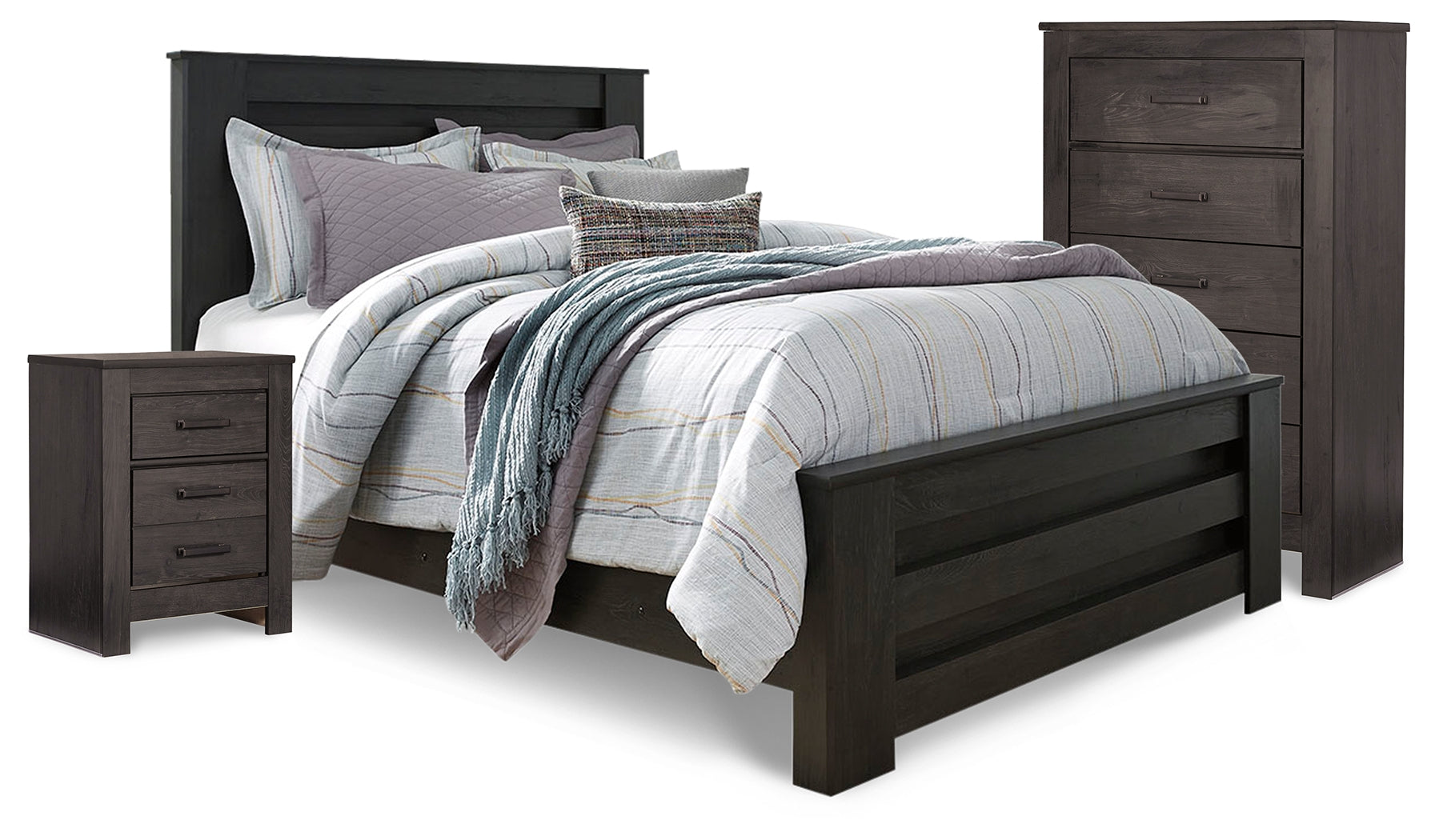 Best Deals Furniture - Ashley Furniture - Brinxton Queen Panel Bed - Queen Panel Bed, Chest and Nightstand / Charcoal - B249B25