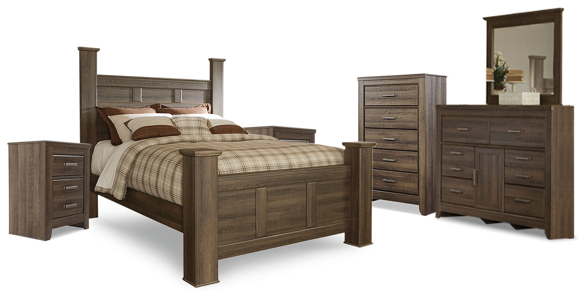 Best Deals Furniture - Ashley Furniture - Juararo Queen Poster Bed, Dresser, Mirror, Chest and 2 Nightstands - Queen Poster Bed, Dresser, Mirror, Chest and 2 Nightstands - B251B26