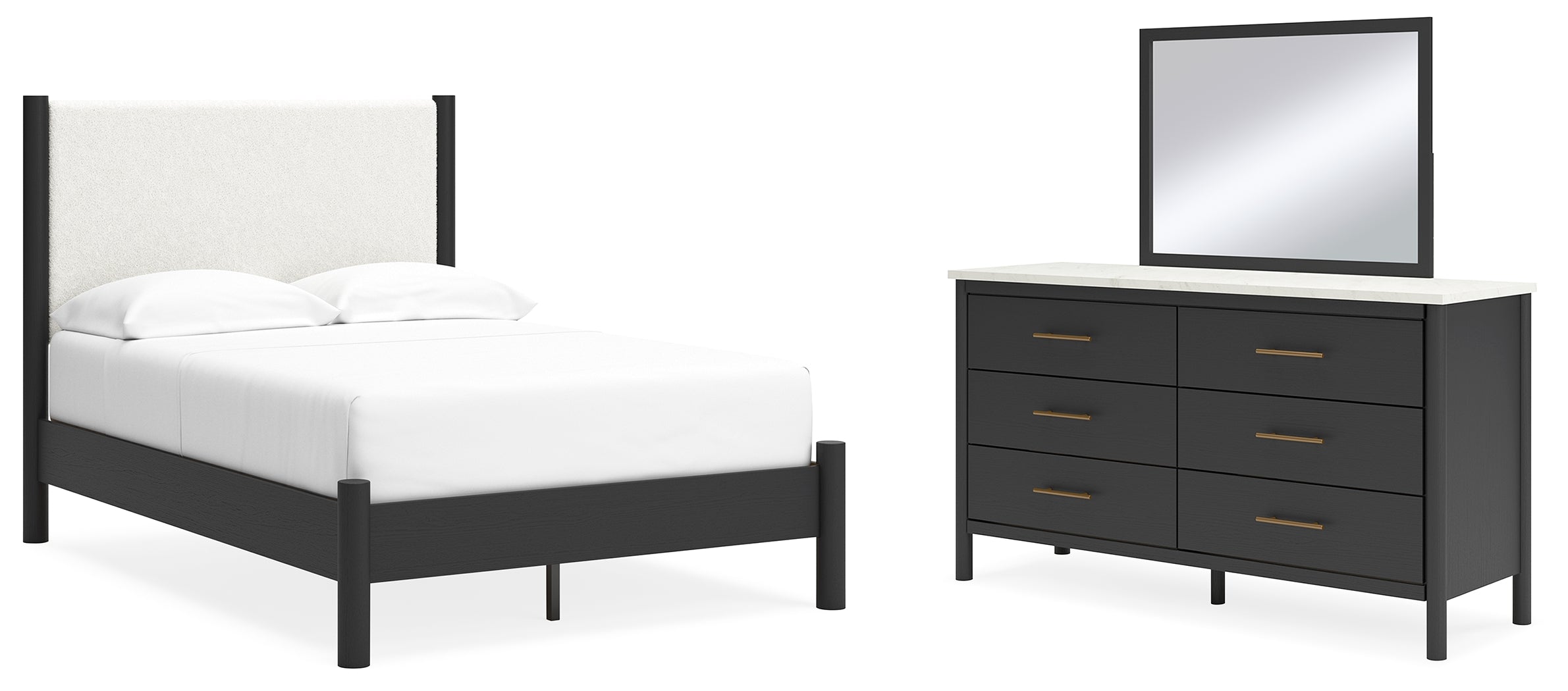 Best Deals Furniture - Ashley Furniture - Cadmori Full Upholstered Panel Bed - Full Upholstered Panel Bed, Dresser and Mirror / Black/White - B2616B5