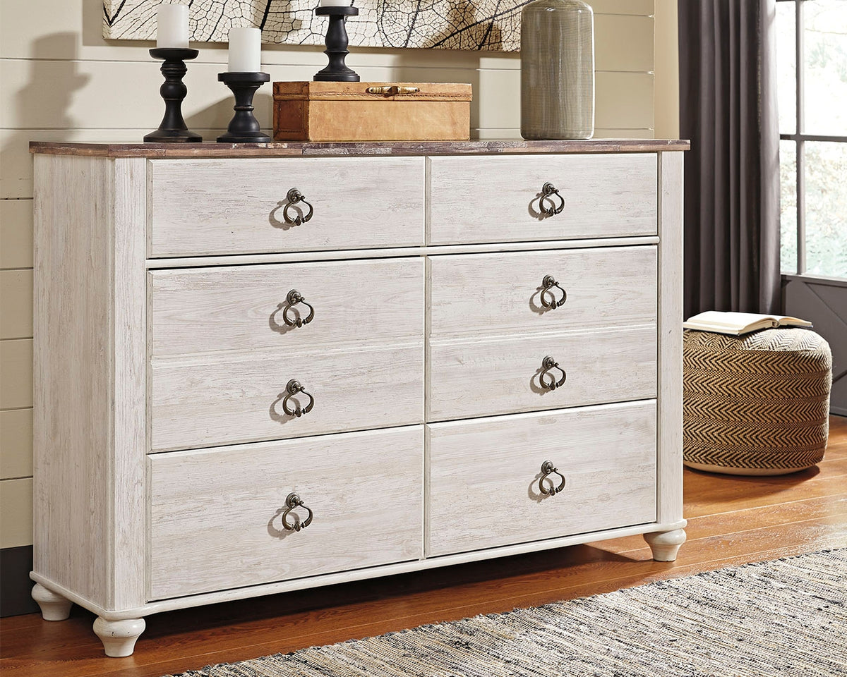 Best Deals Furniture - Ashley Furniture - Willowton Dresser - Six Drawer Dresser / Whitewash - B267-31