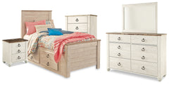 Best Deals Furniture - Ashley Furniture - Willowton Twin Bed with Storage, Dresser, Mirror, Chest and Nightstand - Twin Bed with Storage, Dresser, Mirror, Chest and Nightstand / Whitewash - B267B65