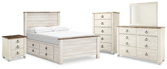 Best Deals Furniture - Ashley Furniture - Willowton Full Panel Bed with storage, Dresser, Mirror, Chest and Nightstand - Full Panel Bed with storage, Dresser, Mirror, Chest and Nightstand / Whitewash - B267B12