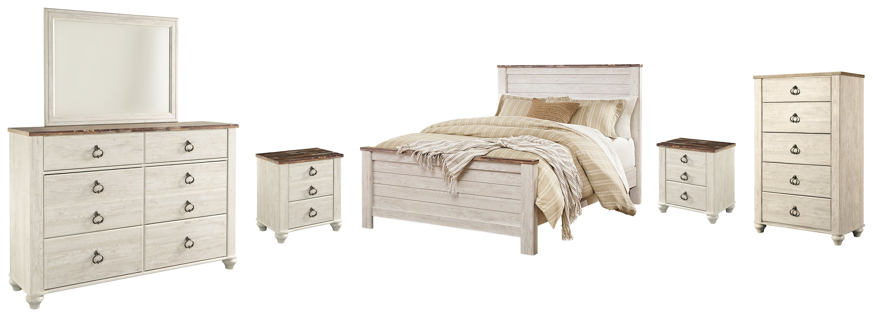 Best Deals Furniture - Ashley Furniture - Willowton Queen Panel Bed, Dresser, Mirror, Chest and 2 Nightstands - Queen Panel Bed, Dresser, Mirror, Chest and 2 Nightstands - B267B34