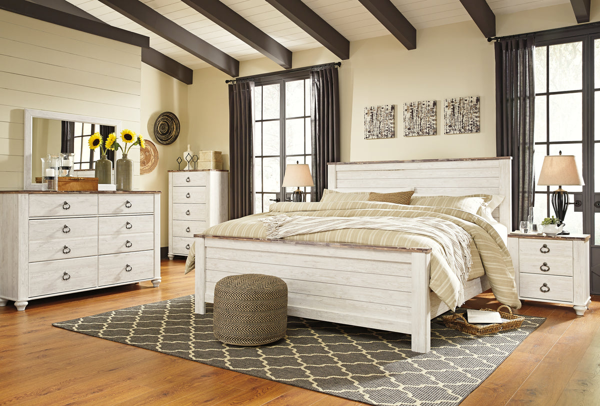 Best Deals Furniture - Ashley Furniture - Willowton King Panel Bed, Dresser, Mirror, Chest and 2 Nightstands - King Panel Bed, Dresser, Mirror, Chest and 2 Nightstands - B267B45
