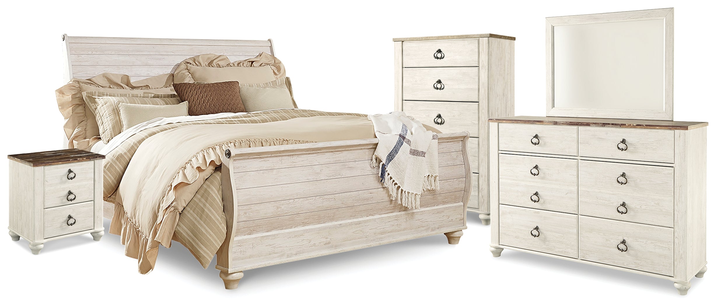 Best Deals Furniture - Ashley Furniture - Willowton King Sleigh Bed, Dresser, Mirror, Chest and Nightstand - King Sleigh Bed, Dresser, Mirror, Chest and Nightstand - B267B61