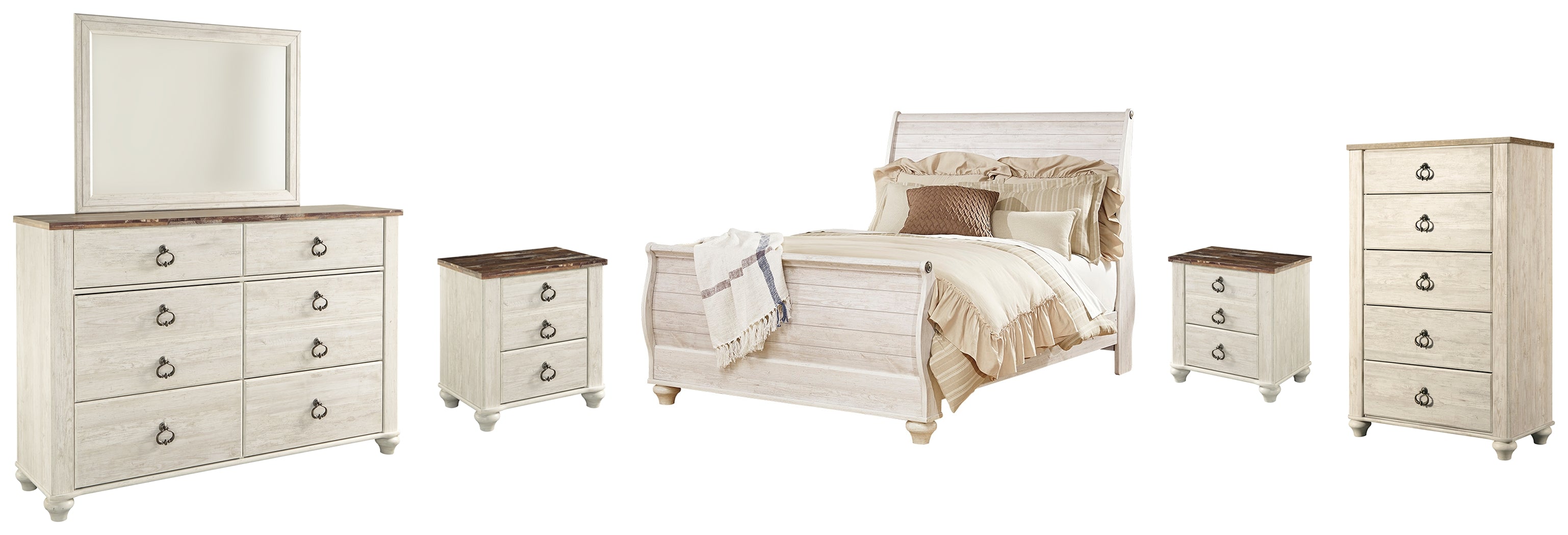 Best Deals Furniture - Ashley Furniture - Willowton Queen Sleigh Bed, Dresser, Mirror, Chest and 2 Nightstands - Queen Sleigh Bed, Dresser, Mirror, Chest and 2 Nightstands - B267B56
