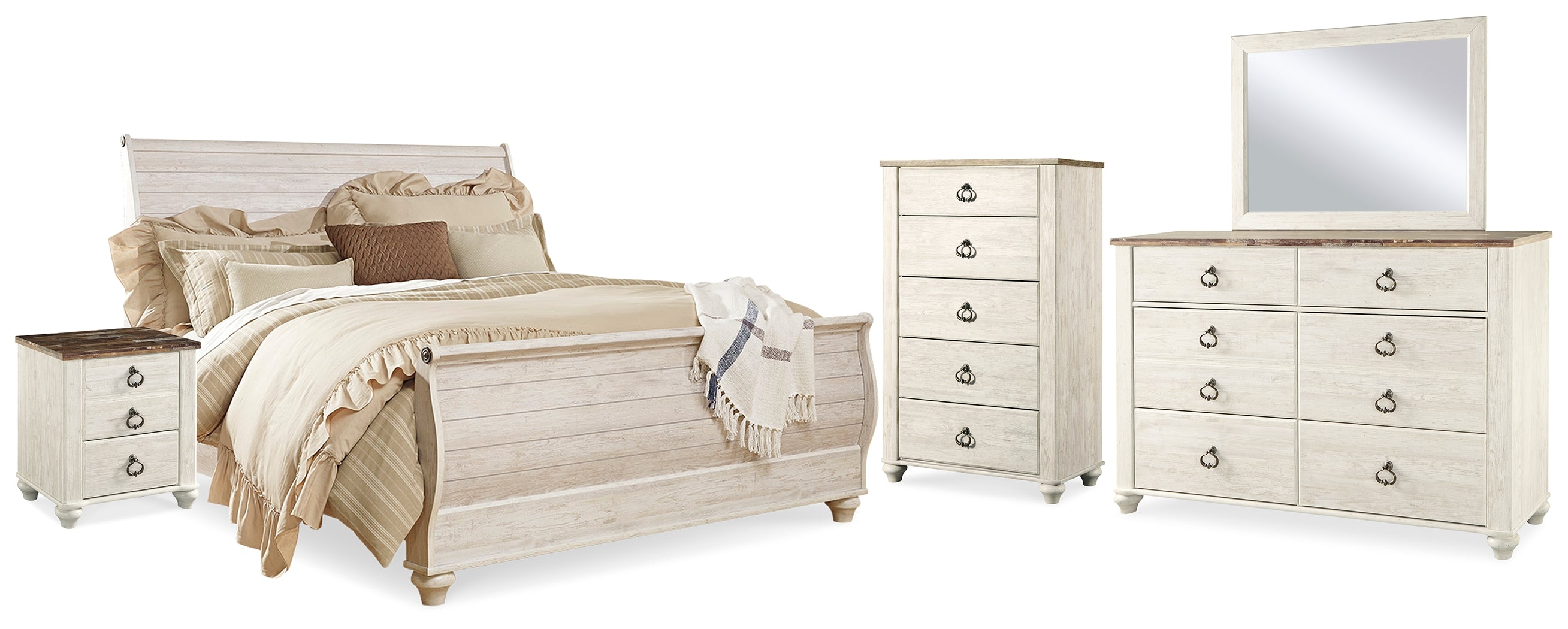 Best Deals Furniture - Ashley Furniture - Willowton King Sleigh Bed, Dresser, Mirror, Chest and 2 Nightstands - King Sleigh Bed, Dresser, Mirror, Chest and 2 Nightstands - B267B44