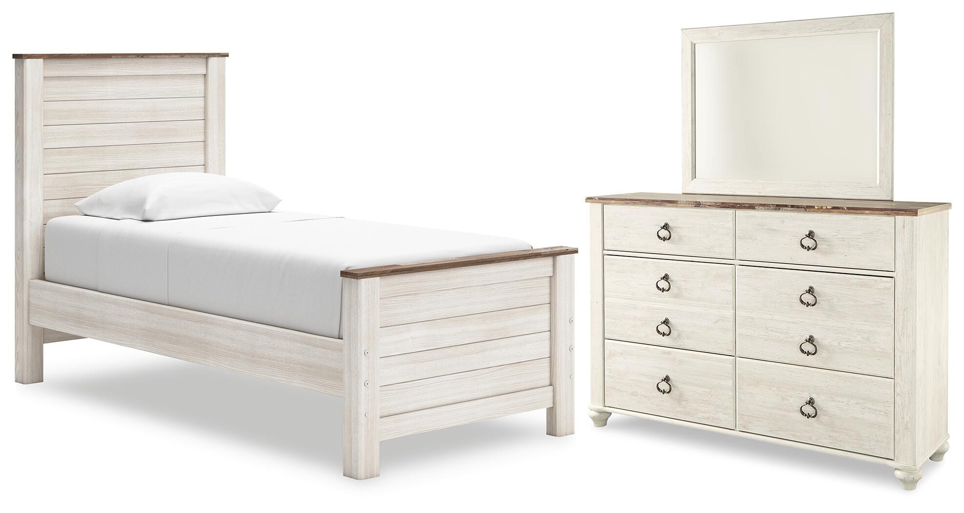 Best Deals Furniture - Ashley Furniture - Willowton Twin Panel Bed, Dresser and Mirror - Twin Panel Bed, Dresser and Mirror - B267B51