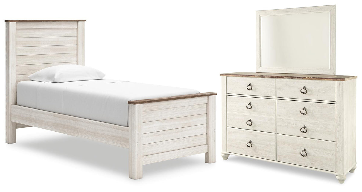 Best Deals Furniture - Ashley Furniture - Willowton Twin Panel Bed, Dresser and Mirror - Twin Panel Bed, Dresser and Mirror - B267B51