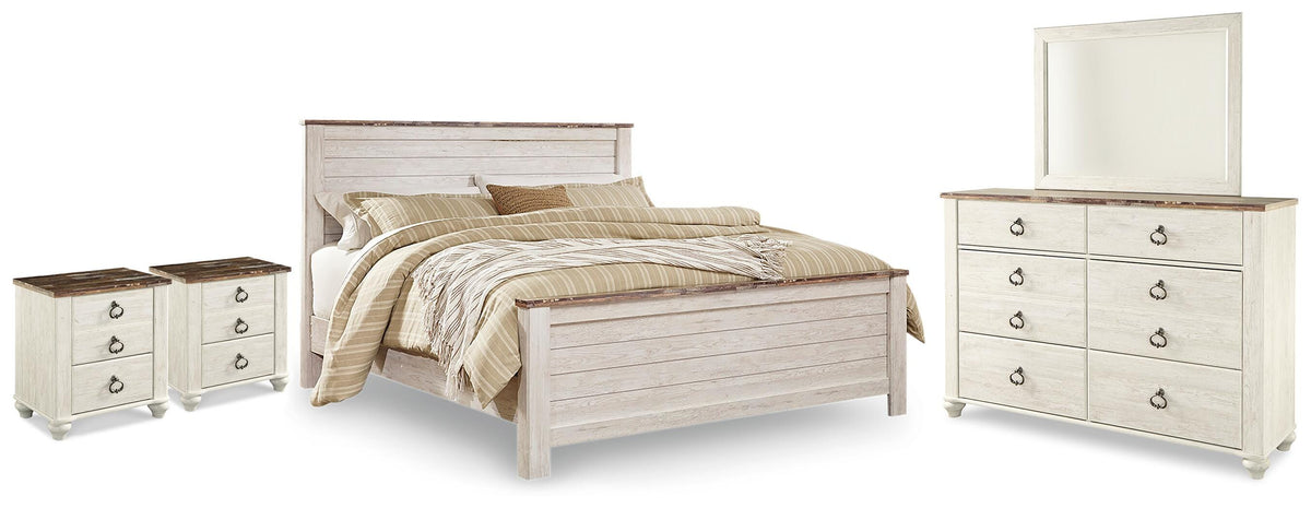 Best Deals Furniture - Ashley Furniture - Willowton King Panel Bed, Dresser, Mirror and 2 Nightstands - King Panel Bed, Dresser, Mirror and 2 Nightstands - B267B75