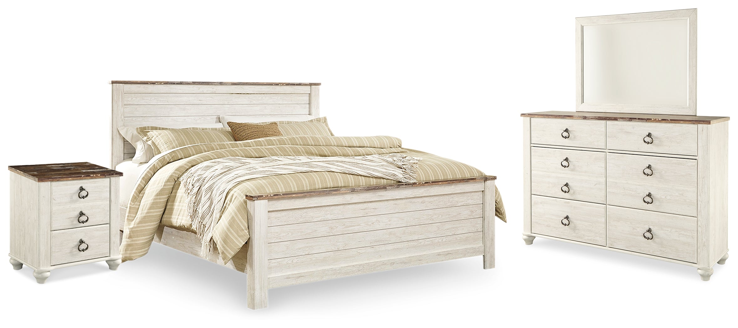Best Deals Furniture - Ashley Furniture - Willowton King Panel Bed, Dresser, Mirror, and Nightstand - King Panel Bed, Dresser, Mirror, and Nightstand - B267B38