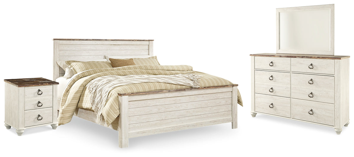 Best Deals Furniture - Ashley Furniture - Willowton King Panel Bed, Dresser, Mirror, and Nightstand - King Panel Bed, Dresser, Mirror, and Nightstand - B267B38