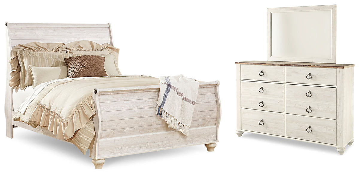 Best Deals Furniture - Ashley Furniture - Willowton Queen Sleigh Bed, Dresser and Mirror - Queen Sleigh Bed, Dresser and Mirror / Whitewash - B267B7