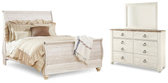 Best Deals Furniture - Ashley Furniture - Willowton Queen Sleigh Bed, Dresser and Mirror - Queen Sleigh Bed, Dresser and Mirror / Whitewash - B267B7