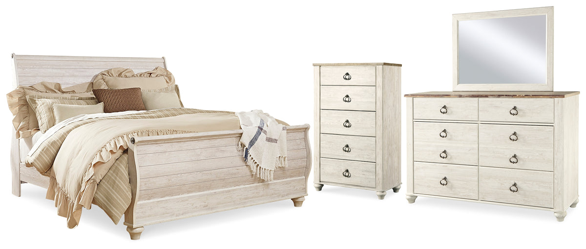 Best Deals Furniture - Ashley Furniture - Willowton King Sleigh Bed, Dresser, Mirror and Chest - King Sleigh Bed, Dresser, Mirror and Chest - B267B42