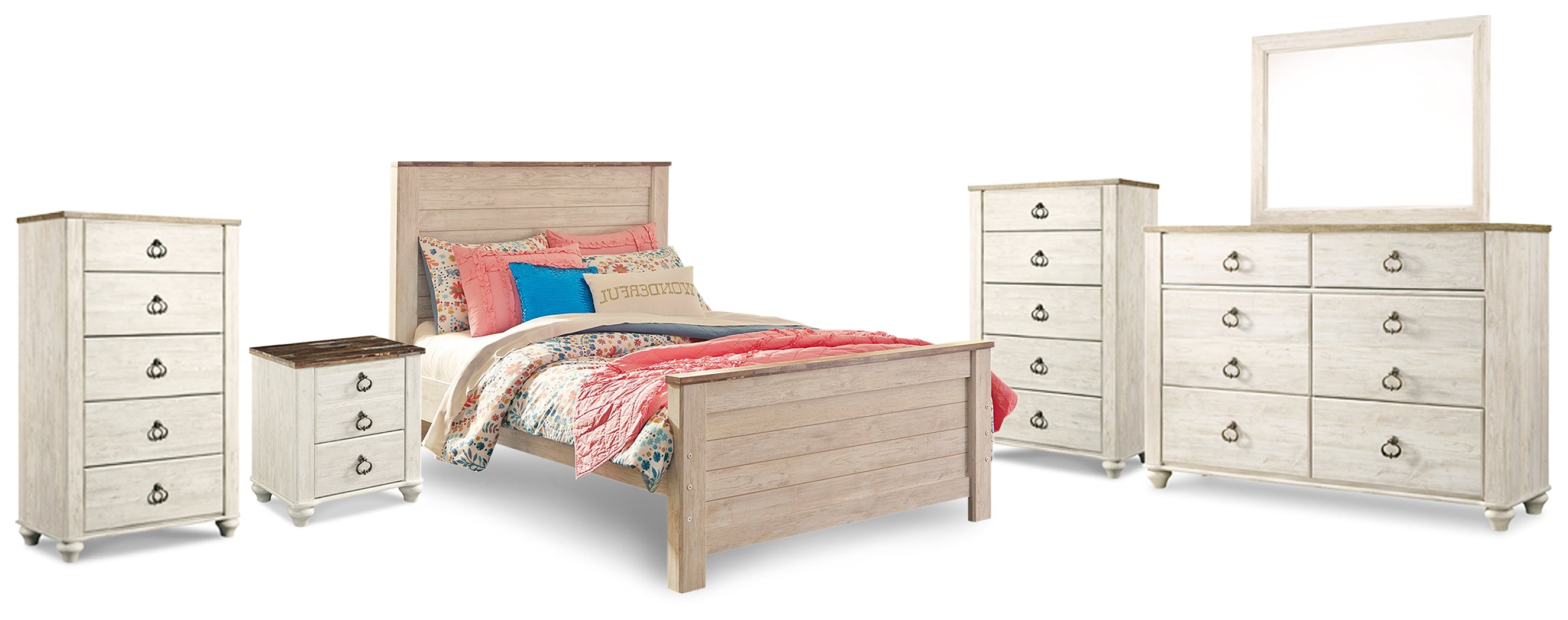 Best Deals Furniture - Ashley Furniture - Willowton Full Panel Bed, Dresser, Mirror, 2 Chests and nightstand - Full Panel Bed, Dresser, Mirror, 2 Chests and nightstand - B267B40