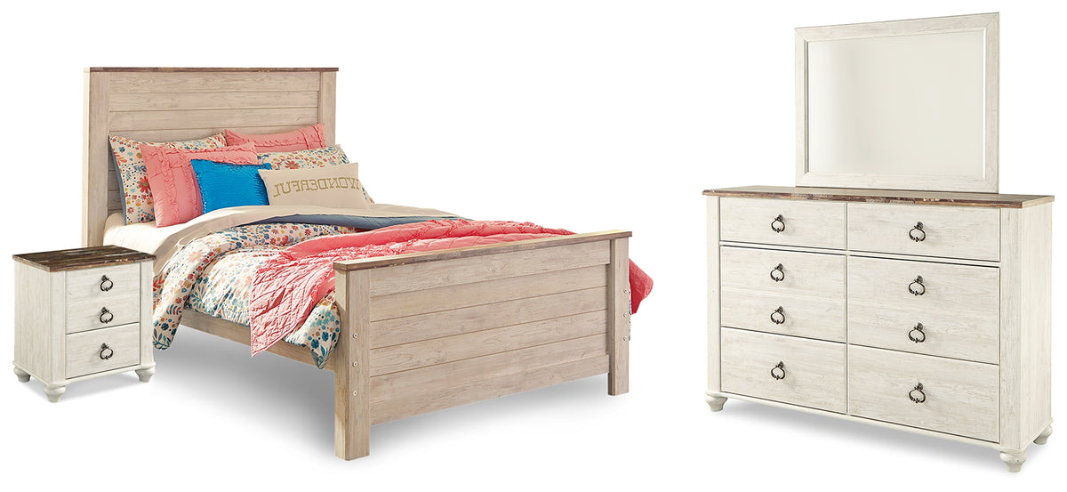 Best Deals Furniture - Ashley Furniture - Willowton Full Panel Bed, Dresser, Mirror, Chest and Nightstand - Full Panel Bed, Dresser, Mirror, Chest and Nightstand - B267B64