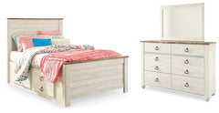 Best Deals Furniture - Ashley Furniture - Willowton Full Panel Bed with Storage, Dresser and Mirror - Full Panel Bed with Storage, Dresser and Mirror / Whitewash - B267B52