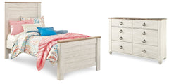 Best Deals Furniture - Ashley Furniture - Willowton Twin Panel Bed and Dresser - Twin Panel Bed and Dresser / Whitewash - B267B53