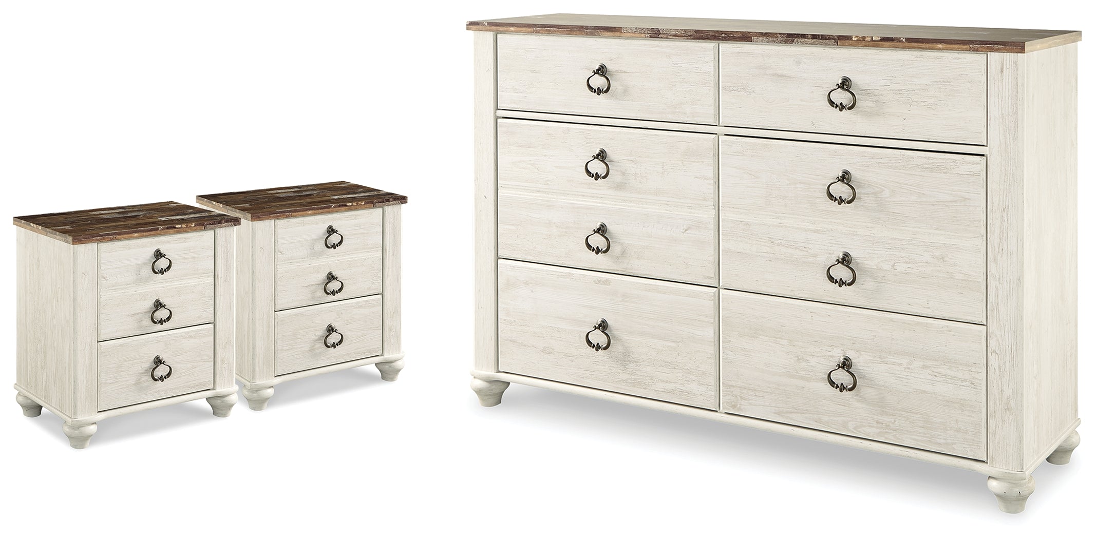 Best Deals Furniture - Ashley Furniture - Willowton Dresser and 2 Nightstands - Dresser and 2 Nightstands / Whitewash - B267B60