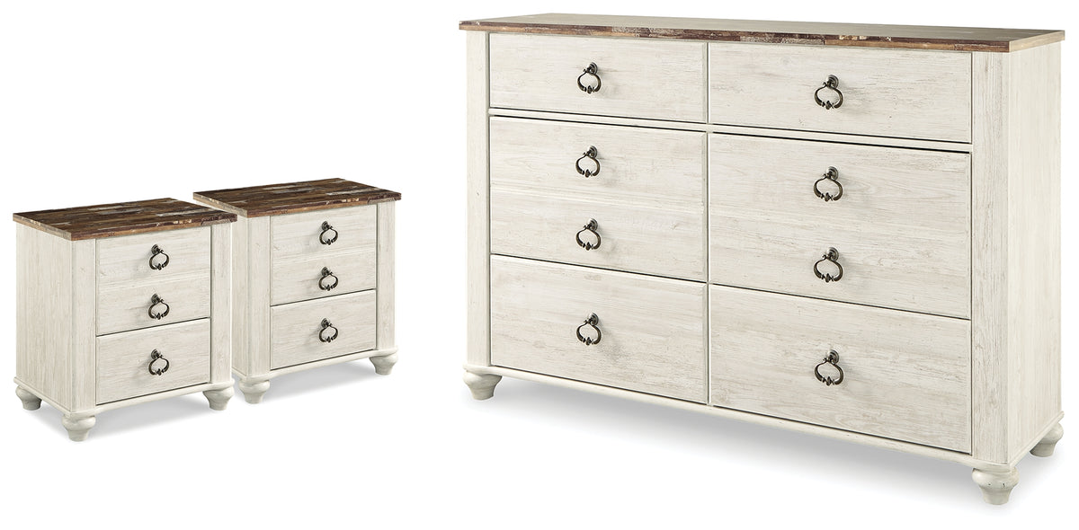 Best Deals Furniture - Ashley Furniture - Willowton Dresser and 2 Nightstands - Dresser and 2 Nightstands / Whitewash - B267B60