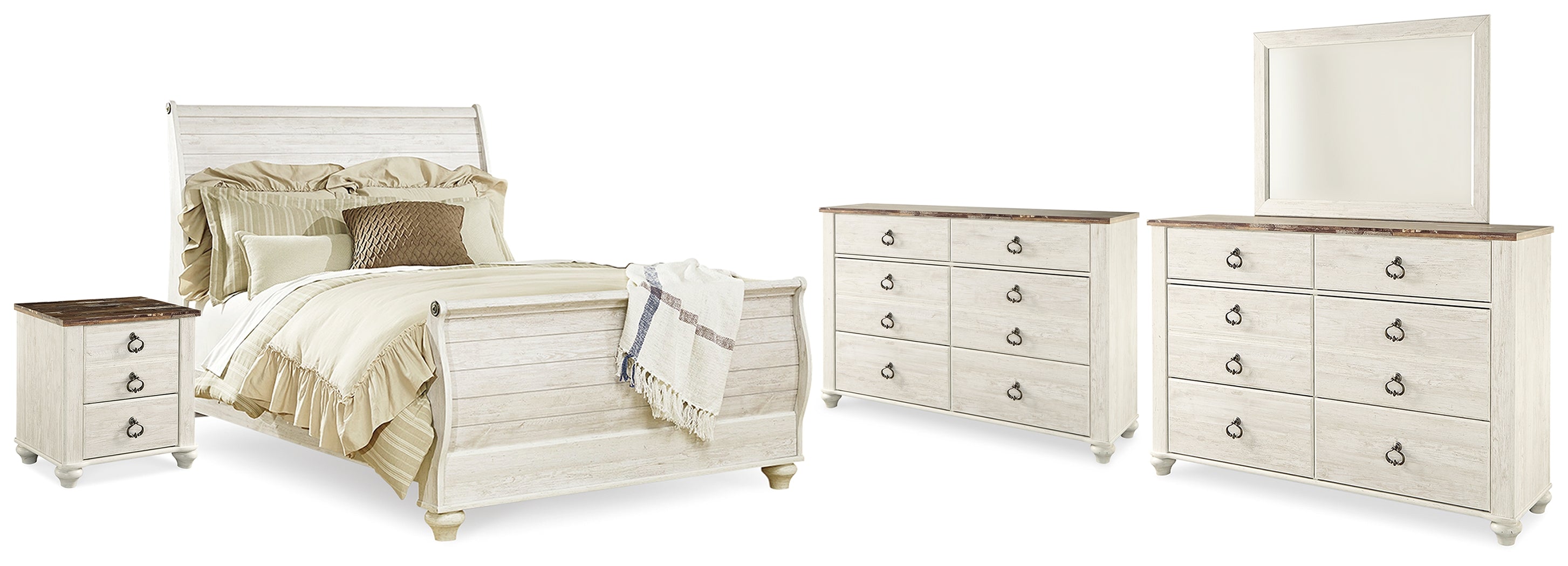 Best Deals Furniture - Ashley Furniture - Willowton Queen Bed, Dresser, Mirror and Chest - Queen Bed, Dresser, Mirror and Chest / Whitewash - B267B58