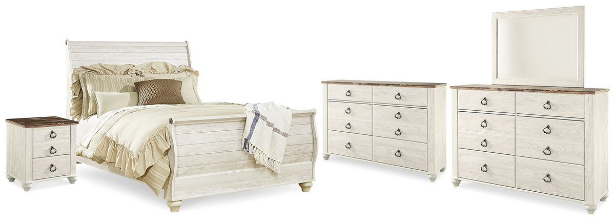 Best Deals Furniture - Ashley Furniture - Willowton Queen Bed, Dresser, Mirror and Chest - Queen Bed, Dresser, Mirror and Chest / Whitewash - B267B58