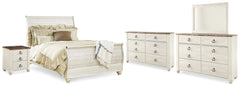 Best Deals Furniture - Ashley Furniture - Willowton Queen Bed, Dresser, Mirror and Chest - Queen Bed, Dresser, Mirror and Chest / Whitewash - B267B58