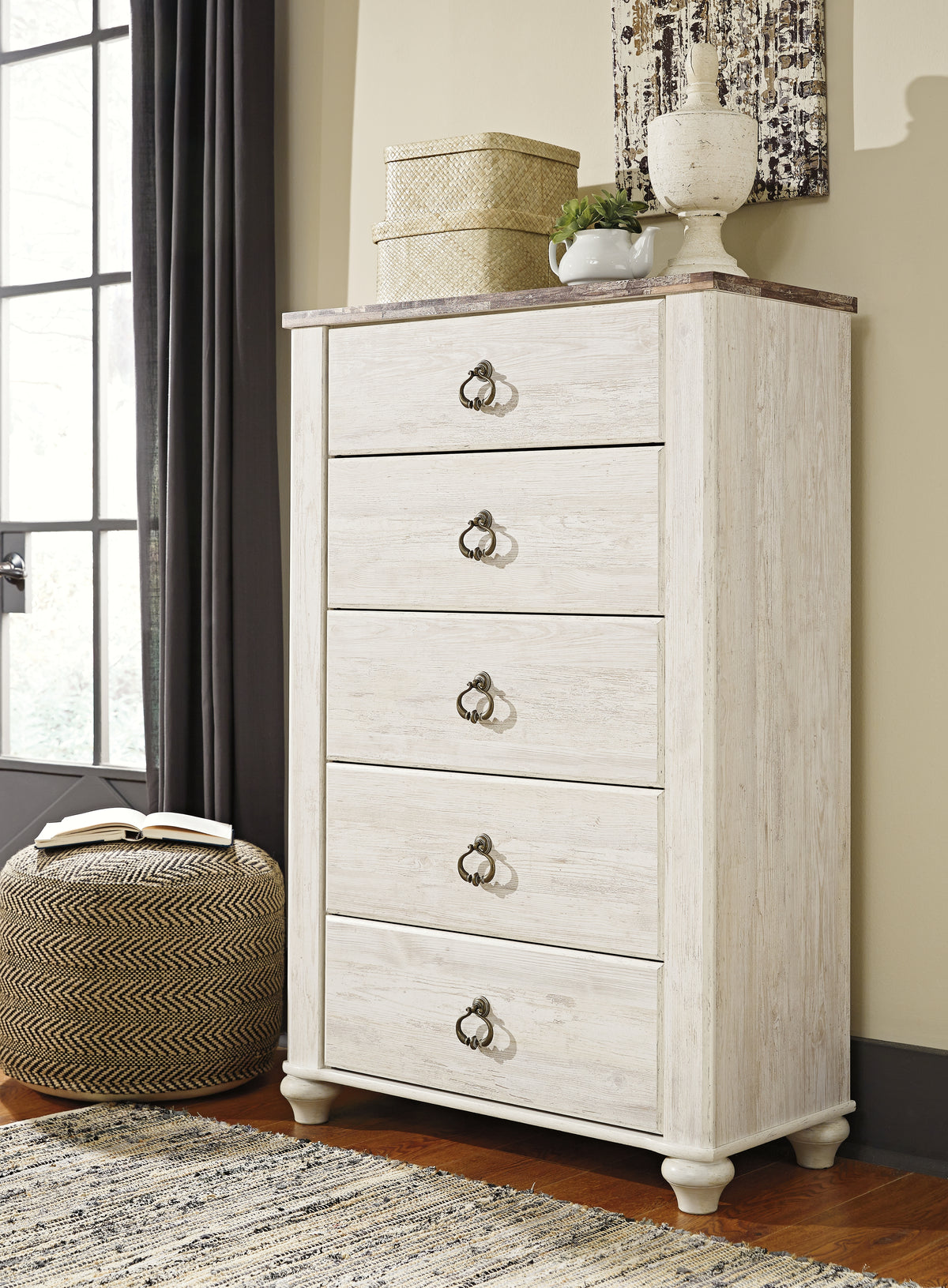 Best Deals Furniture - Ashley Furniture - Willowton Chest of Drawers - Five Drawer Chest / Whitewash - B267-46