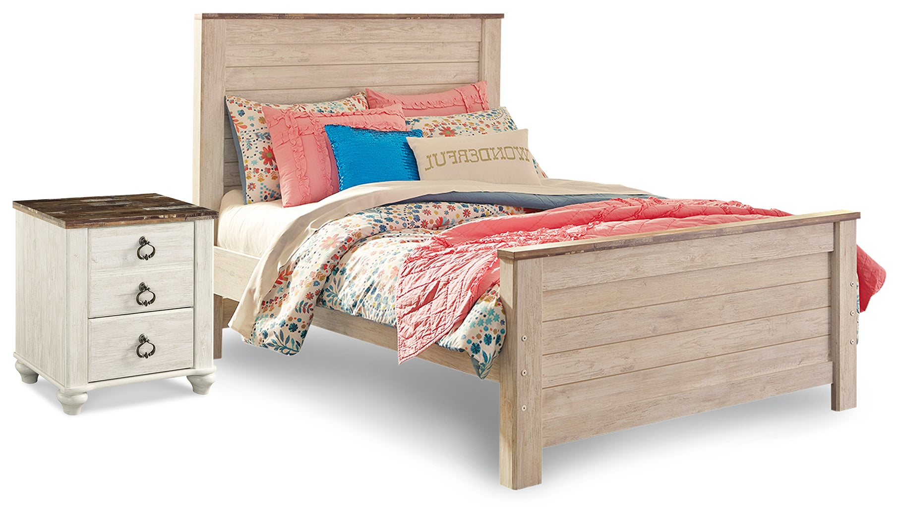 Best Deals Furniture - Ashley Furniture - Willowton Full Panel Bed and Nightstand - Full Panel Bed and Nightstand / Whitewash - B267B41