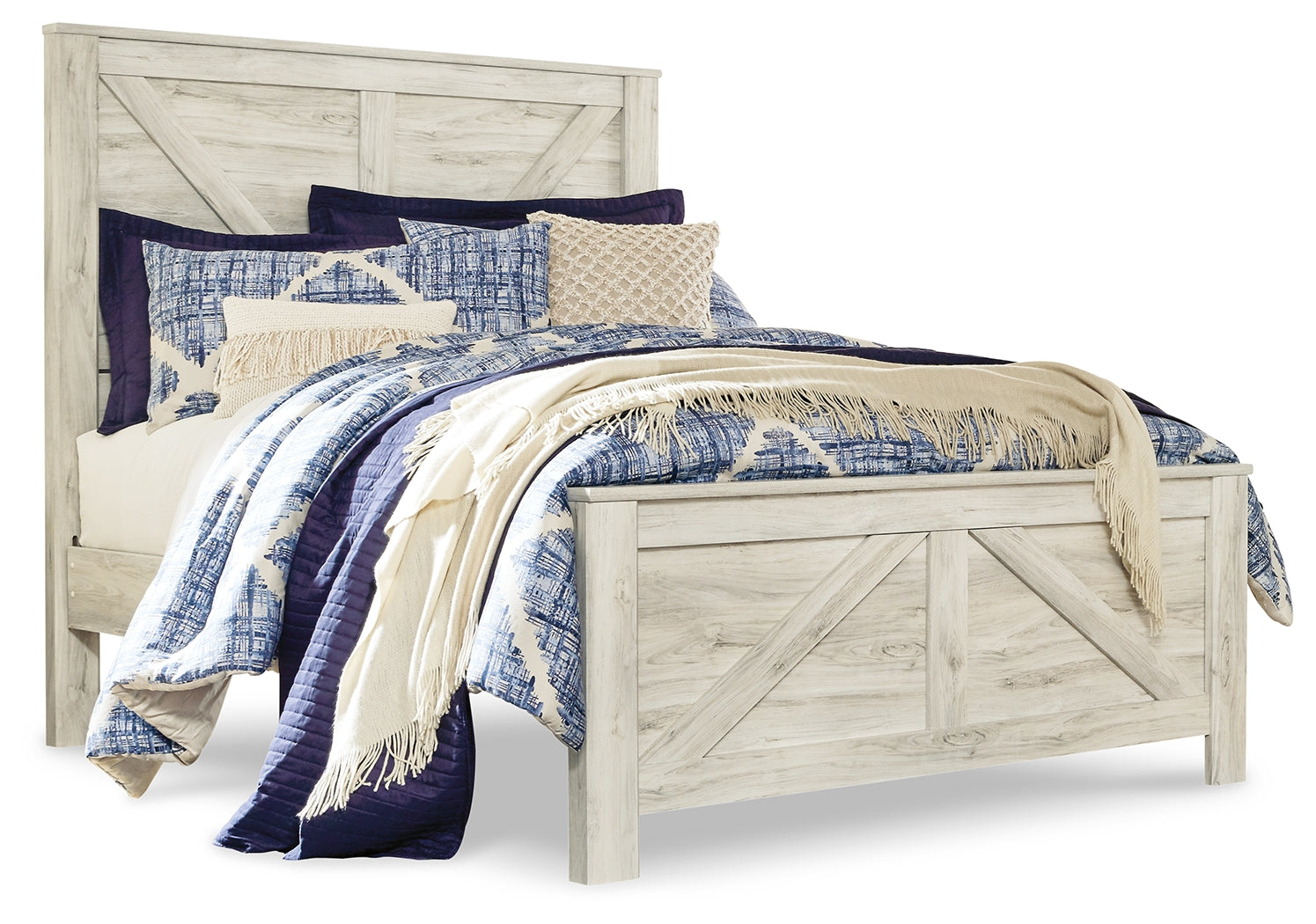 Best Deals Furniture - Ashley Furniture - Bellaby Queen Crossbuck Panel Bed, Dresser, Mirror and 2 Nightstands - Queen Crossbuck Panel Bed, Dresser, Mirror and 2 Nightstands / Whitewash - B331B13