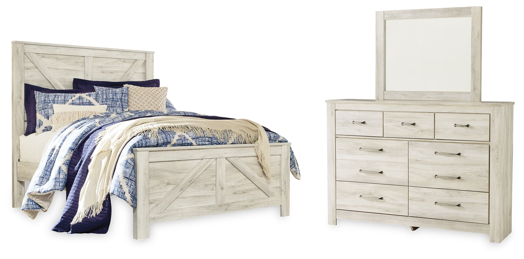 Best Deals Furniture - Ashley Furniture - Bellaby Queen Crossbuck Panel Bed, Dresser and Mirror - Queen Crossbuck Panel Bed, Dresser and Mirror - B331B7