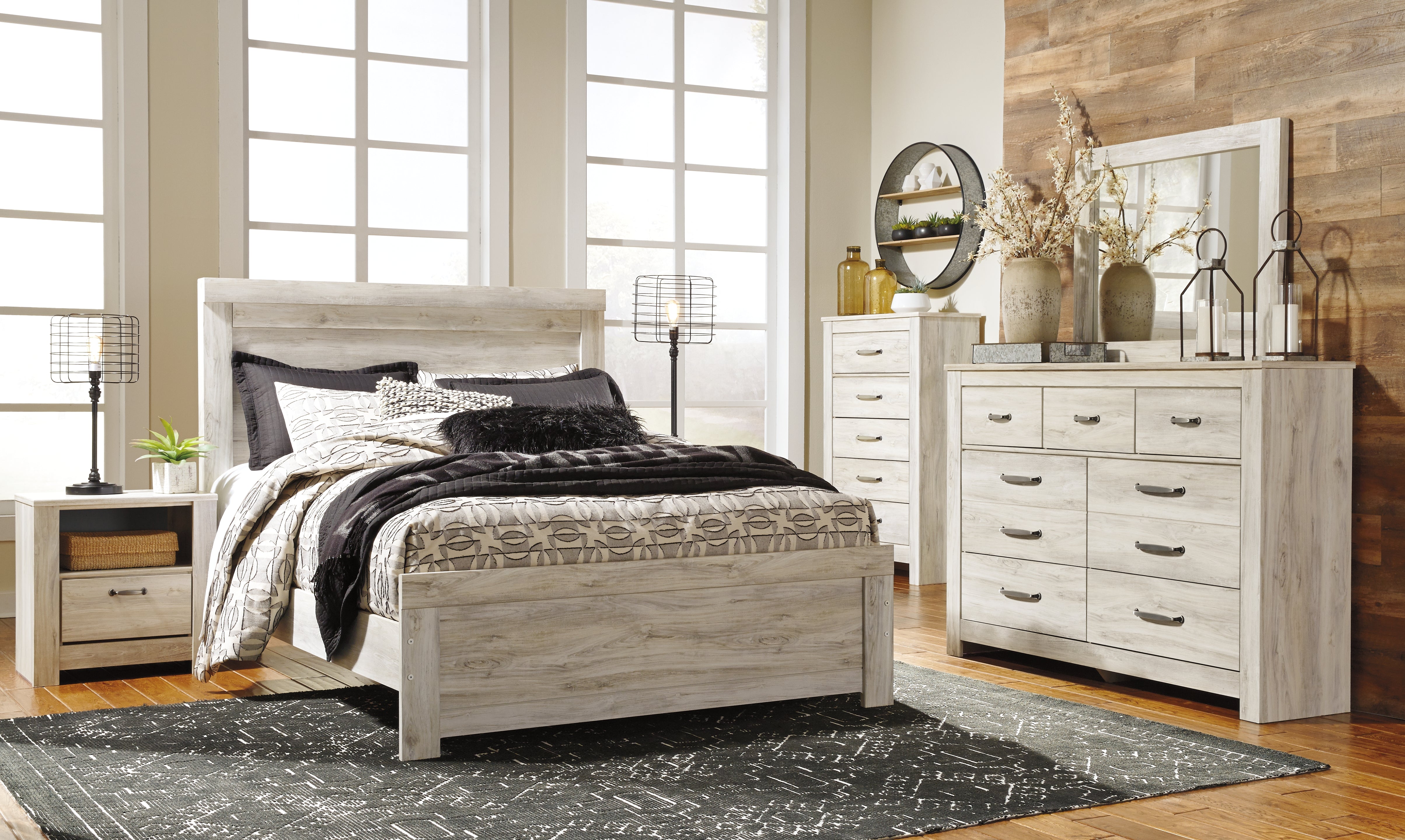 Best Deals Furniture - Ashley Furniture - Bellaby Queen Panel Bed - Queen Panel Bed, Dresser, Mirror, Chest and 2 Nightstands / Whitewash - B331B21