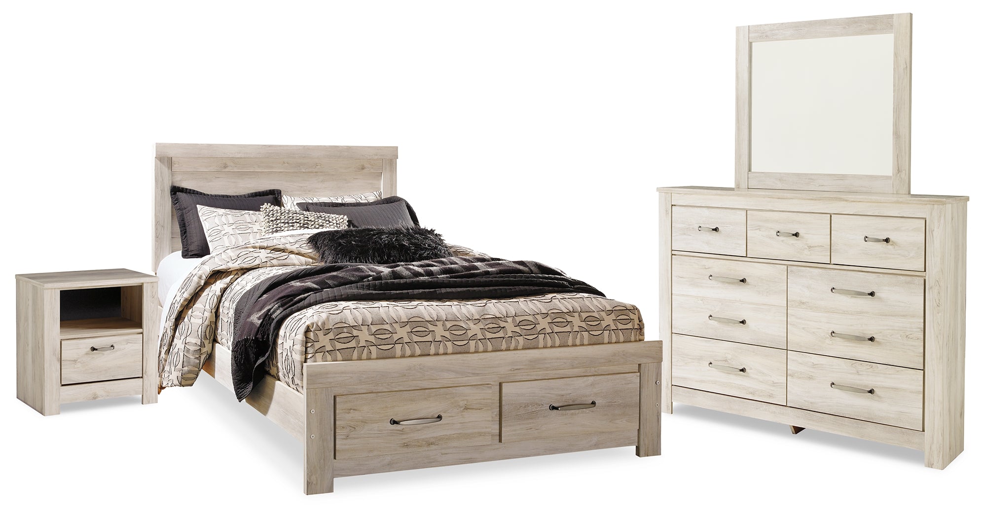 Best Deals Furniture - Ashley Furniture - Bellaby Queen Panel Storage Bed, Dresser, Mirror and Nightstand - Queen Panel Storage Bed, Dresser, Mirror and Nightstand / Whitewash - B331B11