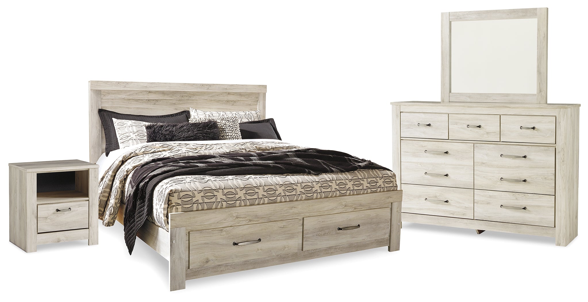 Best Deals Furniture - Ashley Furniture - Bellaby King Panel Storage Bed, Dresser, Mirror and Nightstand - King Panel Storage Bed, Dresser, Mirror and Nightstand / Whitewash - B331B12